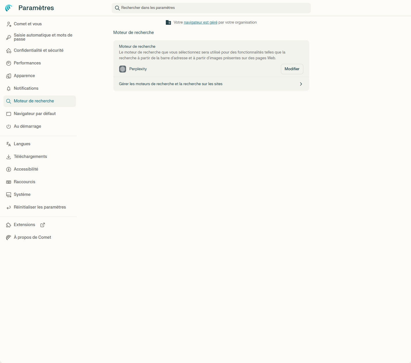 Configuration du moteur de recherche Perplexity dans Comet
